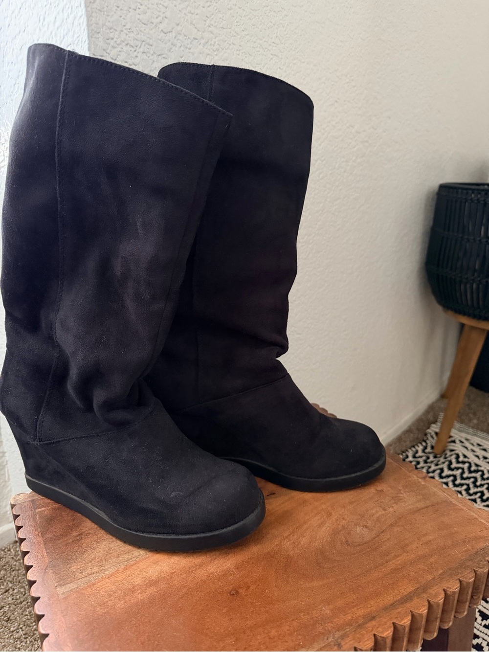 Women's Black Suede Mid-Calf Wedge Boots